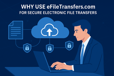 A modern business professional securely transferring large digital files from a laptop to the cloud. The image shows encrypted data icons, secure lock symbols, and a sleek blue color palette representing data protection and speed.